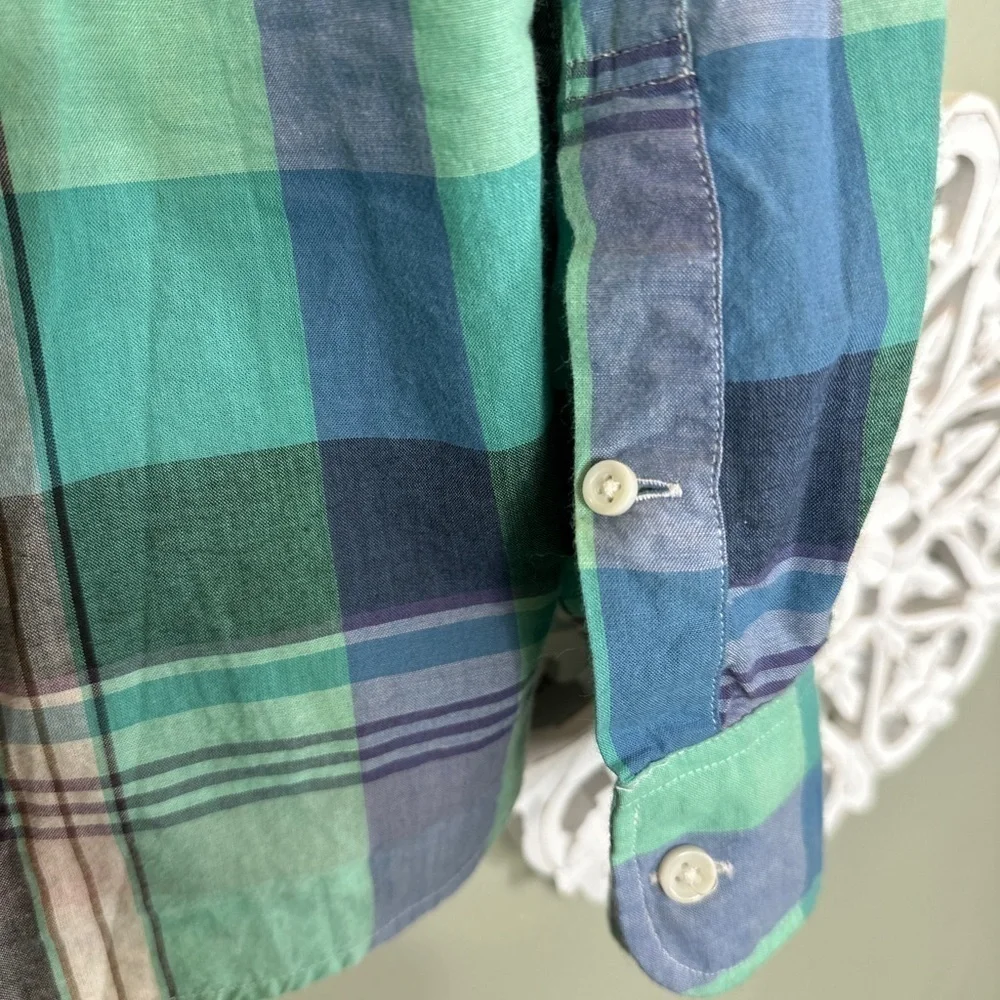 J. Crew Indian Madras Men's Slim Fit Lightweight Plaid Shirt Teal Surf Medium